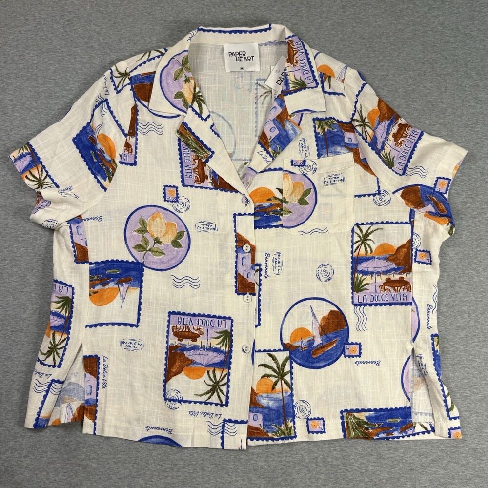 Paper Heart Tropical Stamp Print Camp Shirt Linen Blend‎ Oversized Womens M NWT - Picture 3 of 12